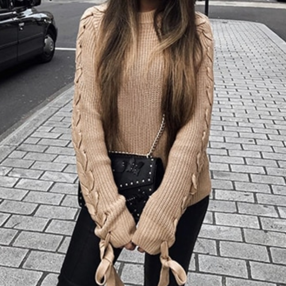 Knit Cream Cozy Fall/Winter Lace Up Sweater OS